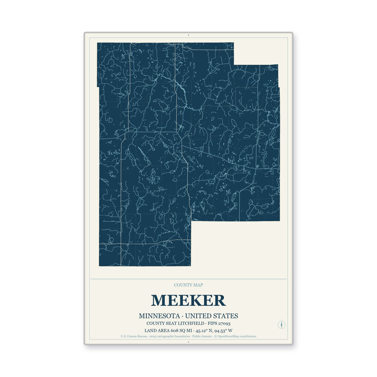 Meeker County, Minnesota Map Aluminum Sign in Coastal Cutout style