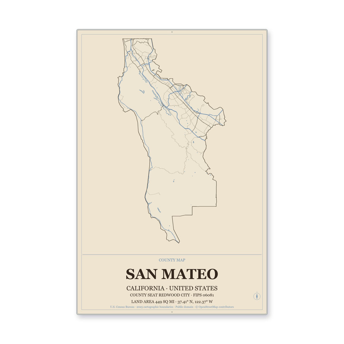 San Mateo County, California Map Aluminum Sign in Heritage Nautical style