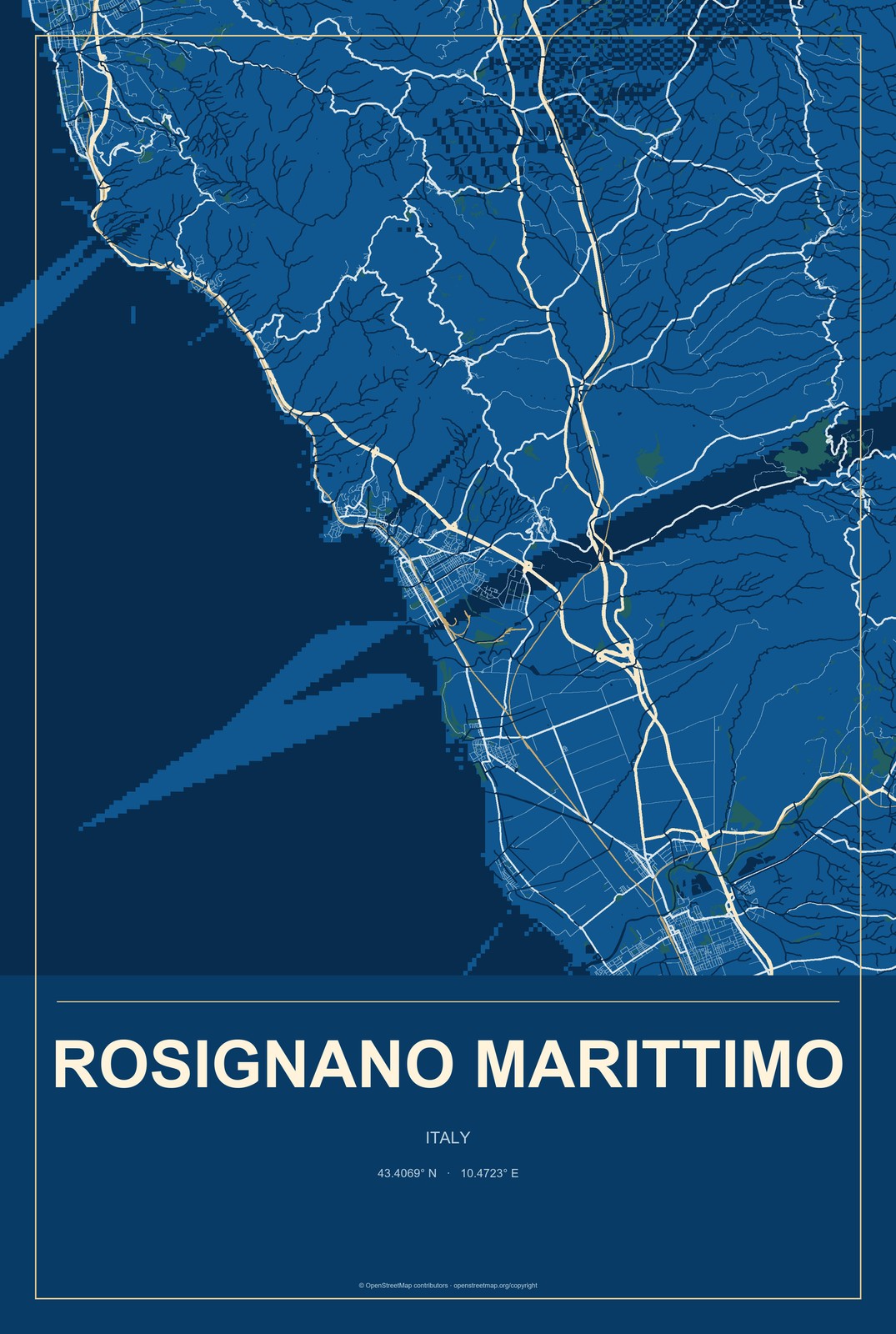 Rosignano Marittimo, Italy City Map Aluminum Sign in Harbor Cobalt style