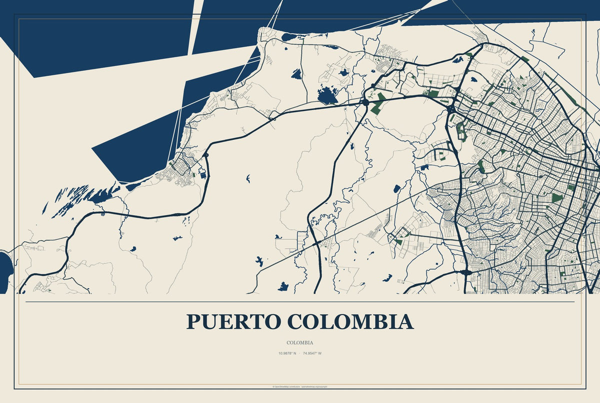 Puerto Colombia, Colombia City Map Aluminum Sign in Coastal Cutout style