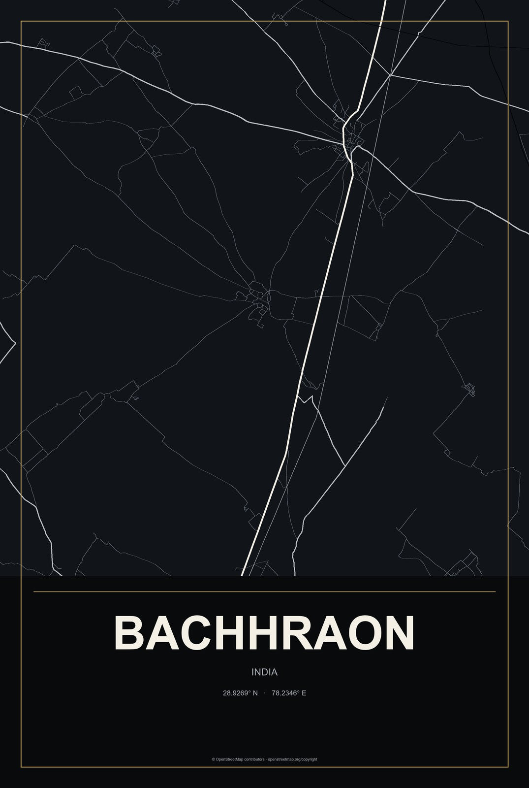 Bachhraon, India City Map Aluminum Sign in Metropolitan Noir style