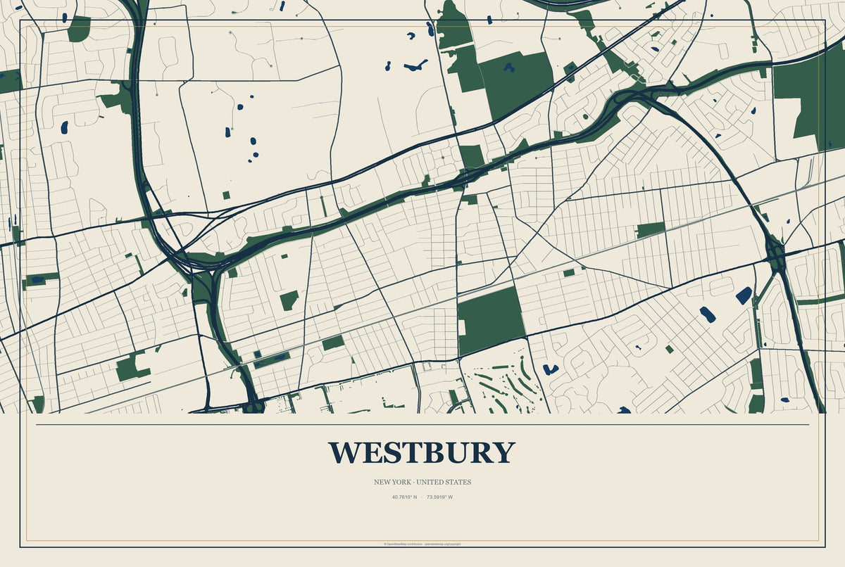Westbury, New York City Map Aluminum Sign in Coastal Cutout style