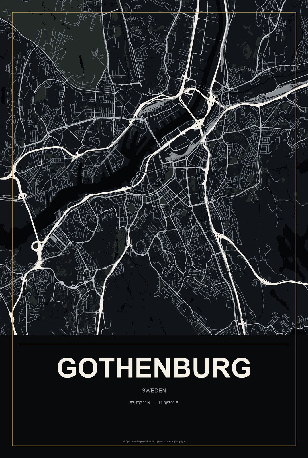Gothenburg, Sweden City Map Aluminum Sign in Metropolitan Noir style