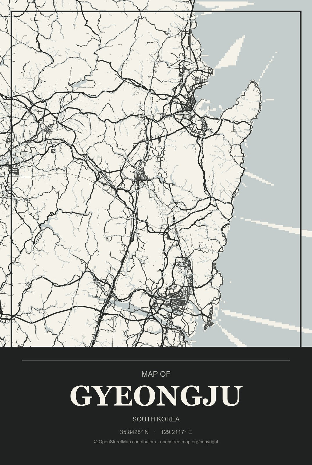 Gyeongju, South Korea City Map Aluminum Sign in Museum Plaque style