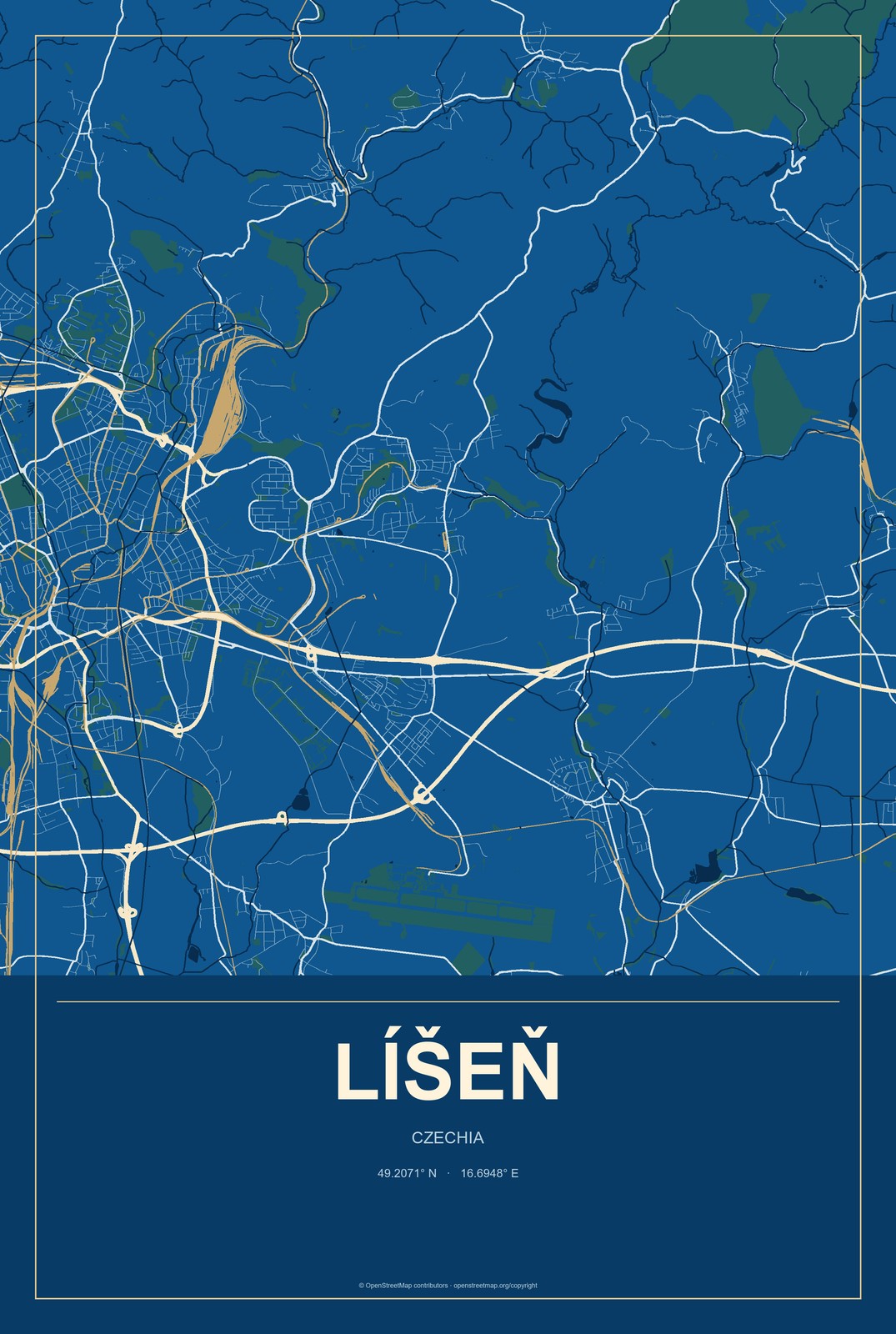 Líšeň, Czechia City Map Aluminum Sign in Harbor Cobalt style
