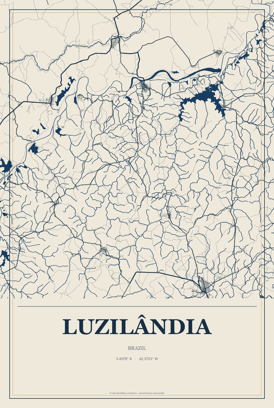 Luzilândia, Brazil City Map Aluminum Sign in Coastal Cutout style