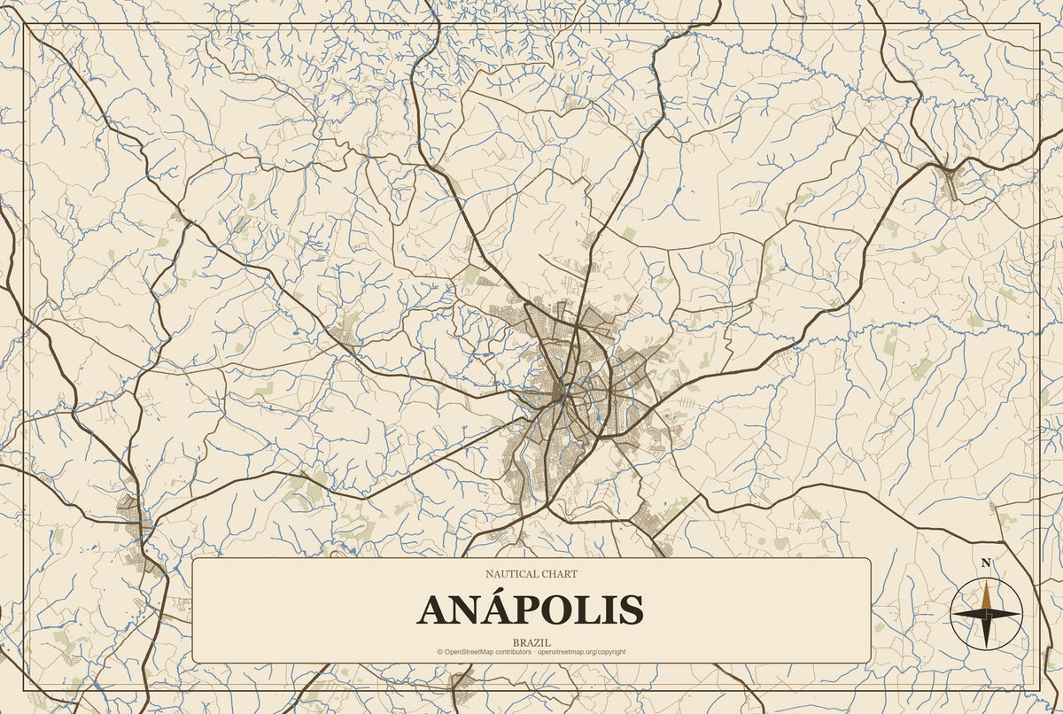 Anápolis, Brazil City Map Aluminum Sign in Heritage Nautical style