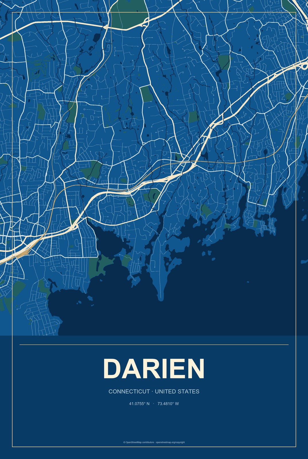 Darien, Connecticut City Map Aluminum Sign in Harbor Cobalt style