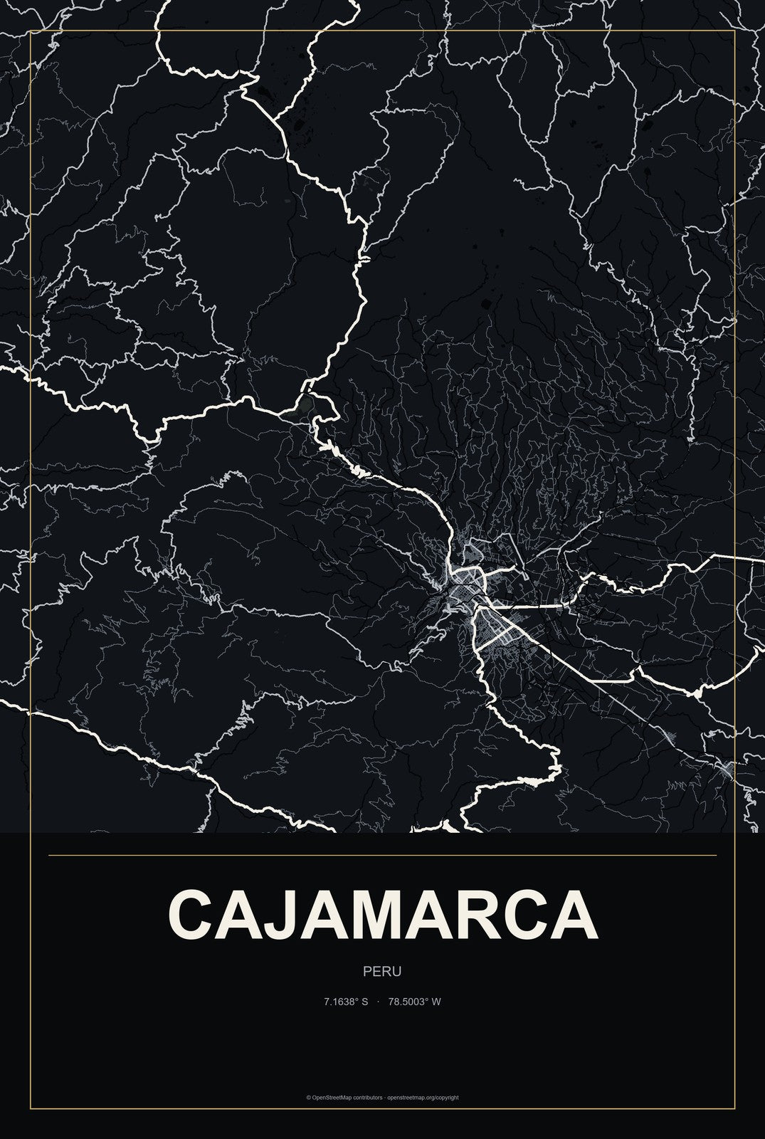 Cajamarca, Peru City Map Aluminum Sign in Metropolitan Noir style
