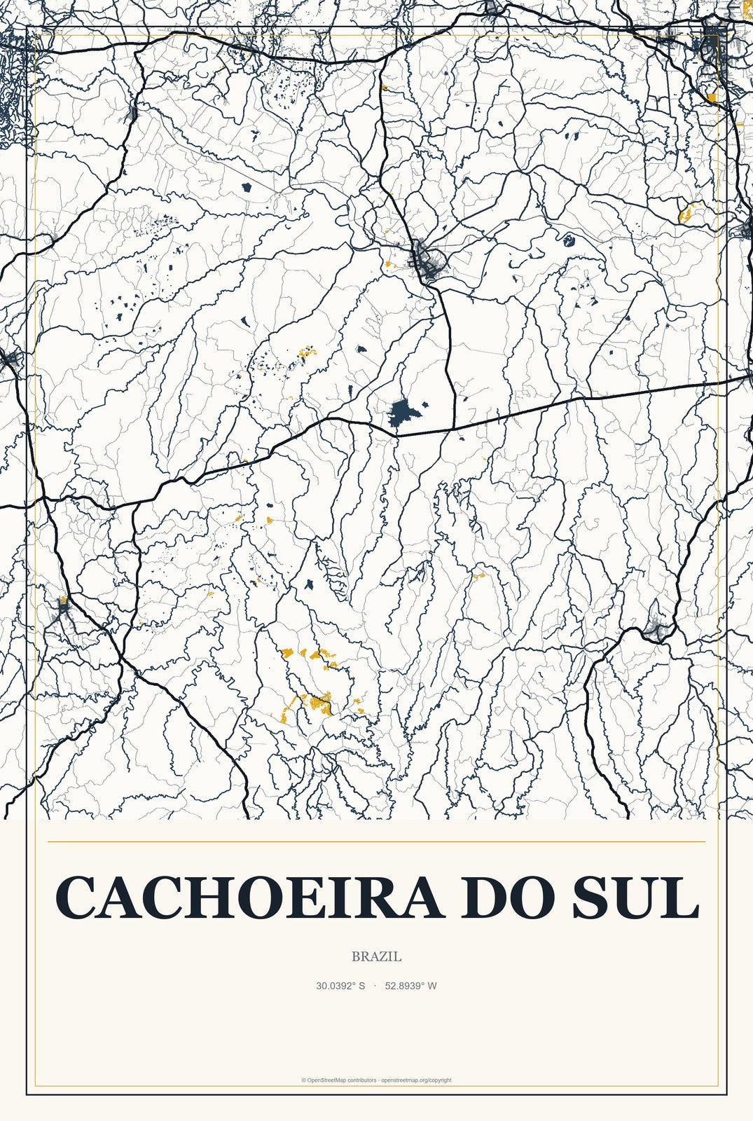 Cachoeira do Sul, Brazil City Map Aluminum Sign in Citrine Modern style