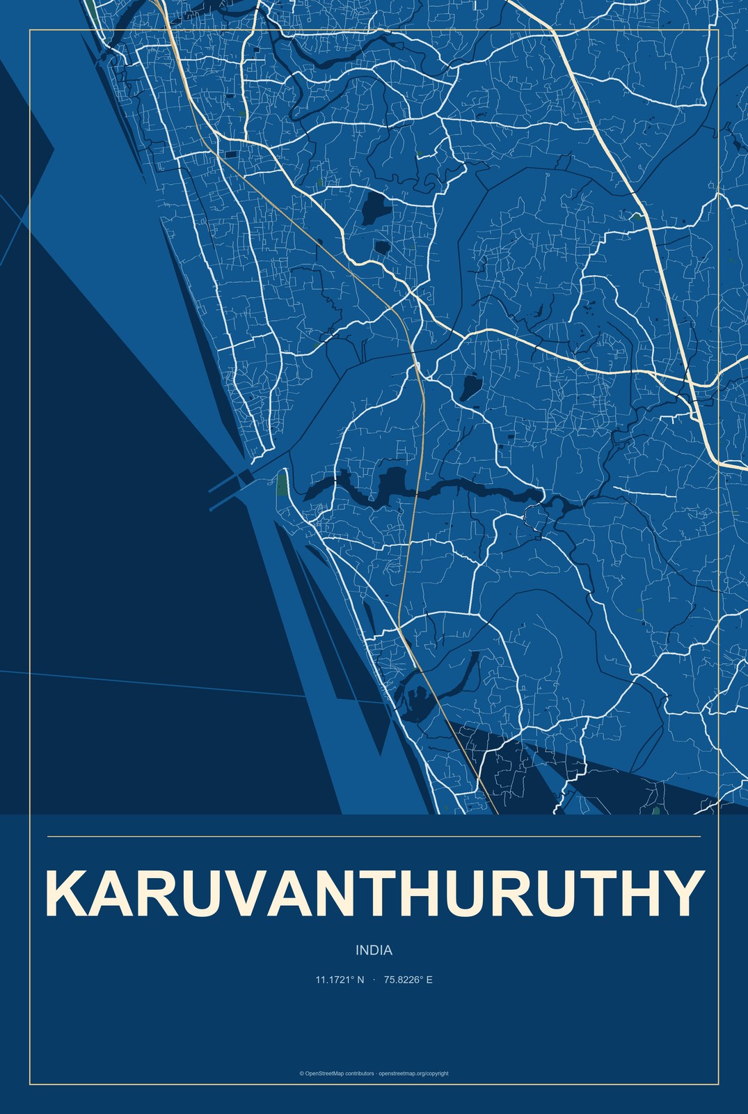 Karuvanthuruthy, India City Map Aluminum Sign in Harbor Cobalt style