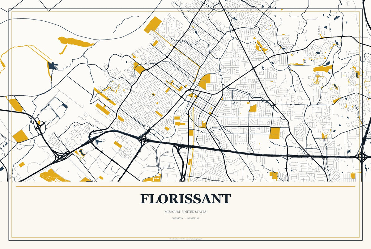 Florissant, Missouri City Map Aluminum Sign in Citrine Modern style