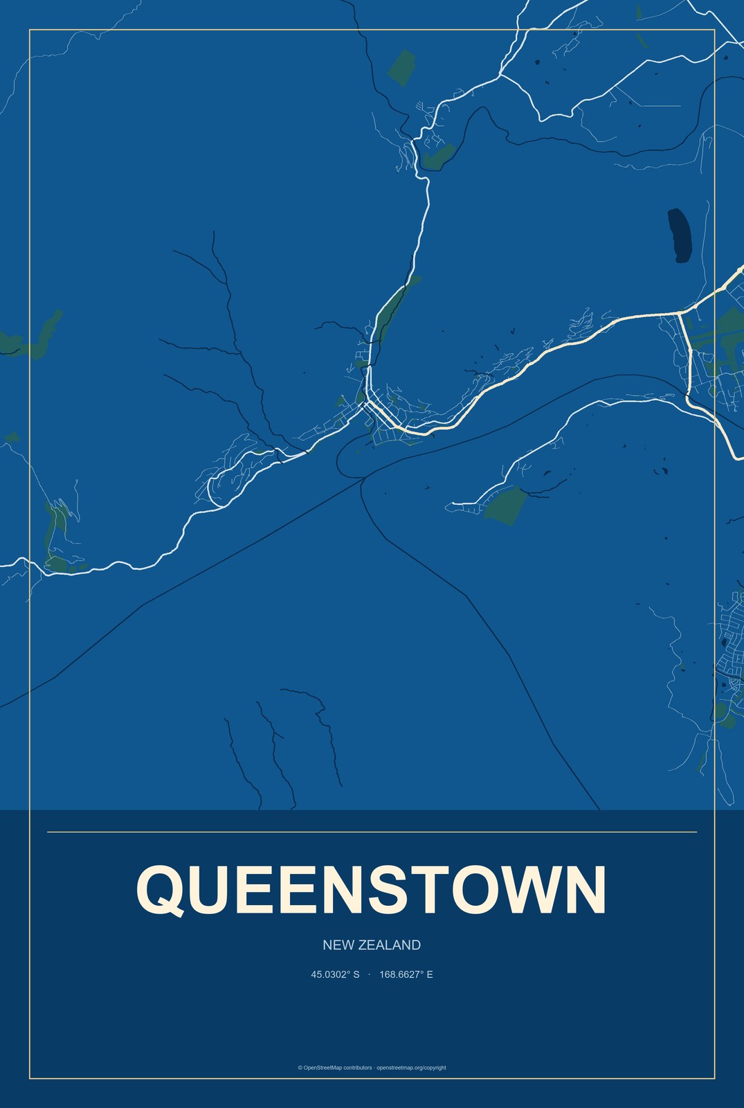 Queenstown, New Zealand City Map Aluminum Sign in Harbor Cobalt style