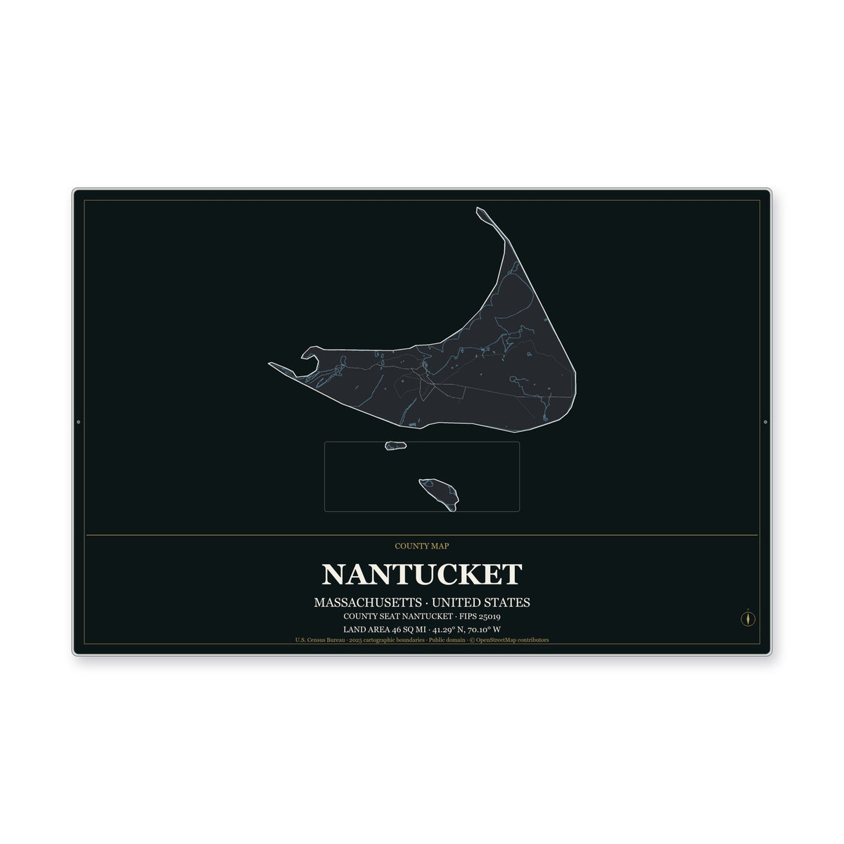 Nantucket County, Massachusetts Map Aluminum Sign in Metropolitan Noir style