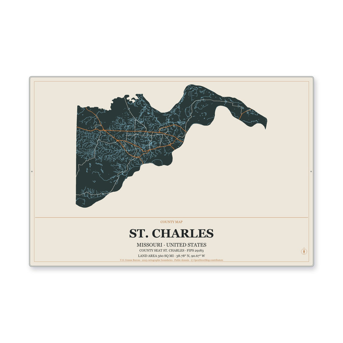 St. Charles County, Missouri Map Aluminum Sign in Headline Atlas style