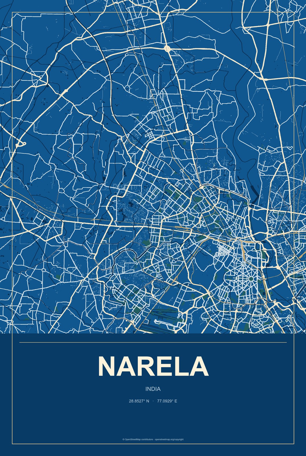 Narela, India City Map Aluminum Sign in Harbor Cobalt style