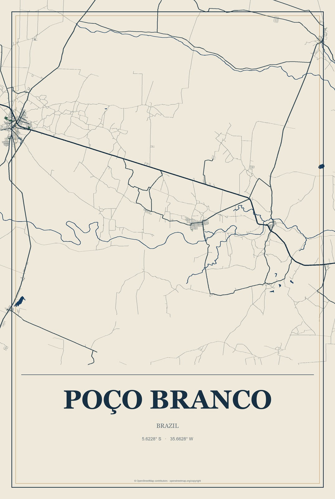 Poço Branco, Brazil City Map Aluminum Sign in Coastal Cutout style