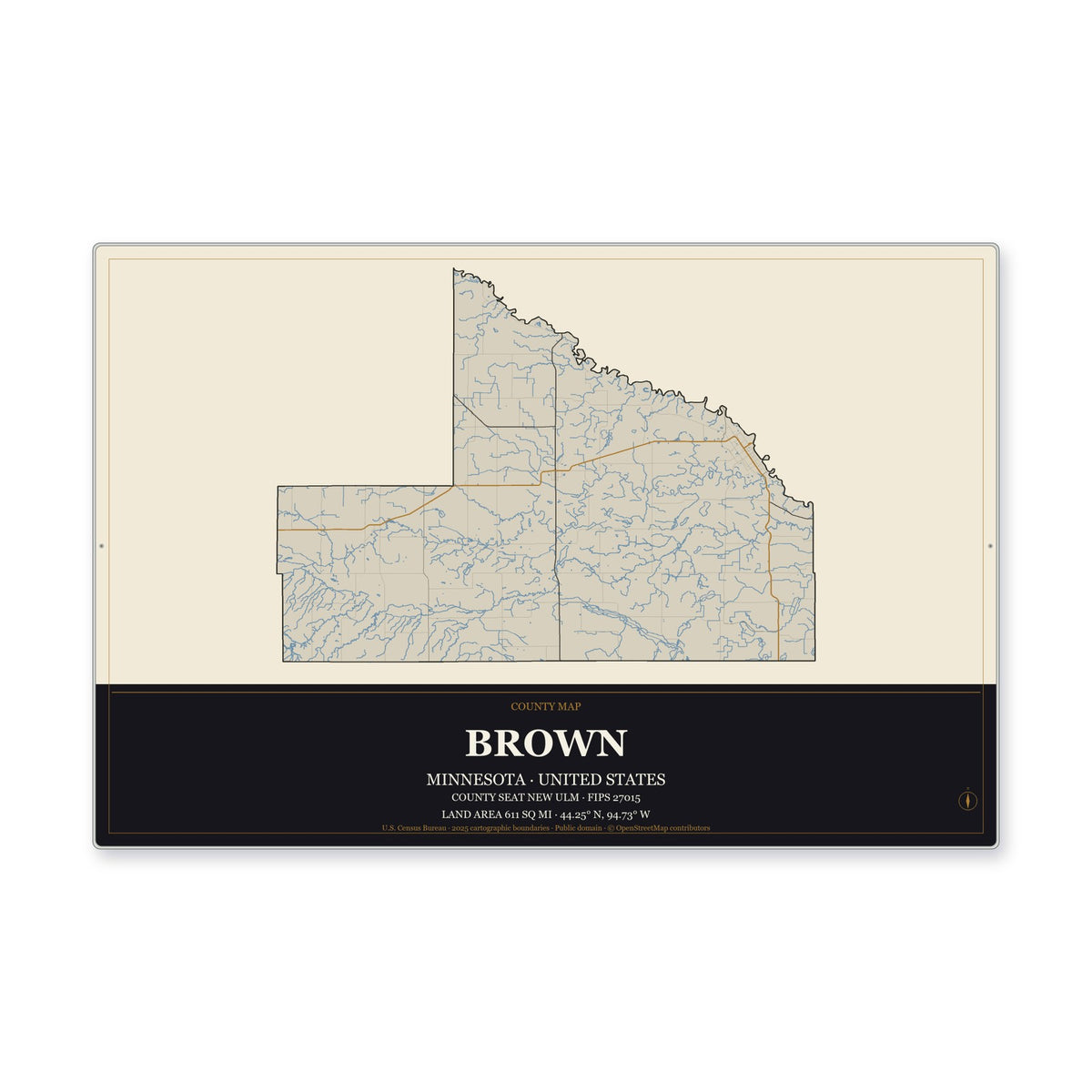Brown County, Minnesota Map Aluminum Sign in Museum Plaque style