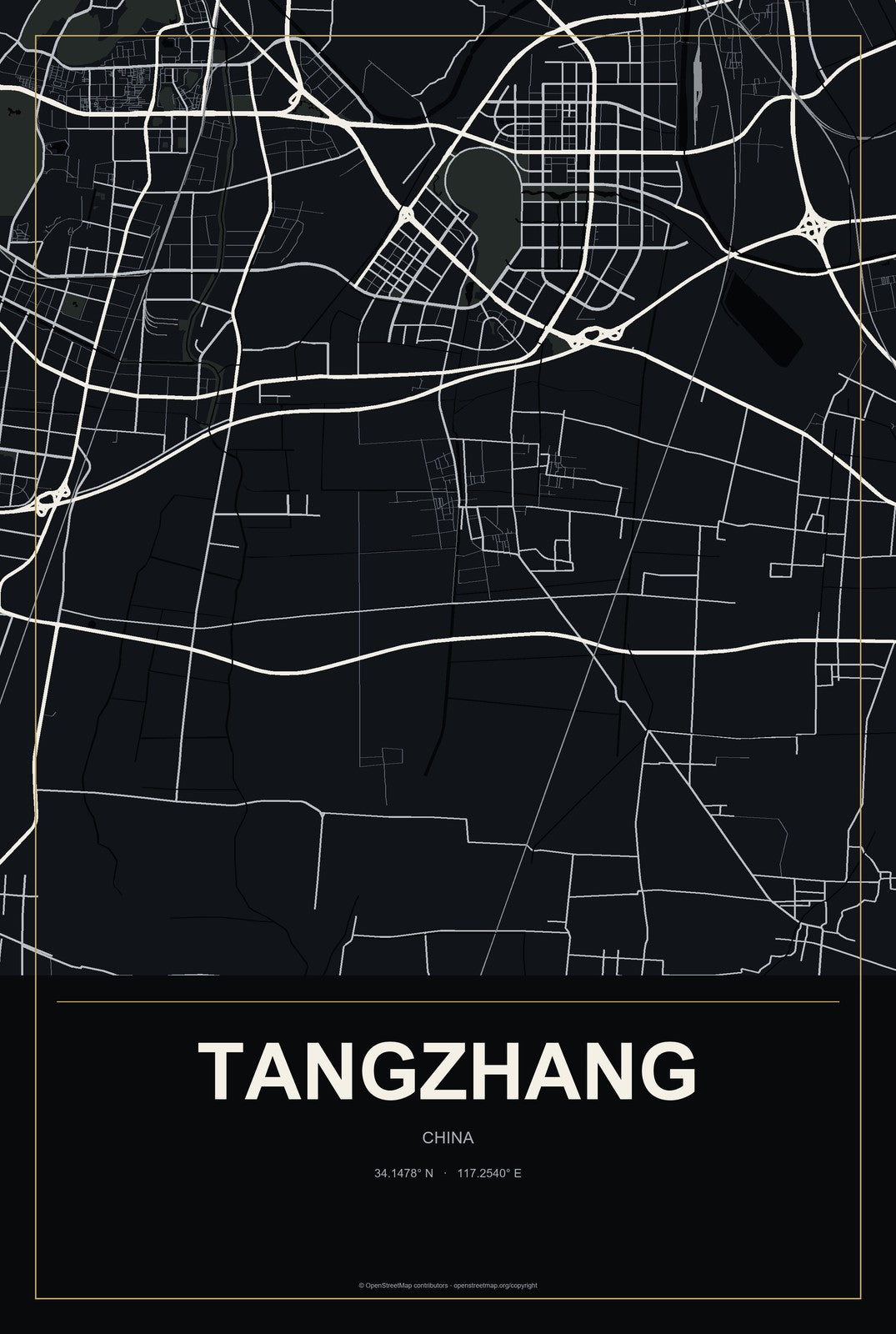 Tangzhang, China City Map Aluminum Sign in Metropolitan Noir style