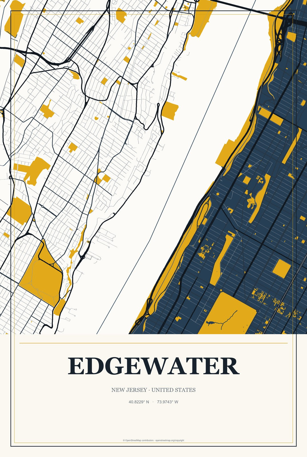 Edgewater, New Jersey City Map Aluminum Sign in Citrine Modern style