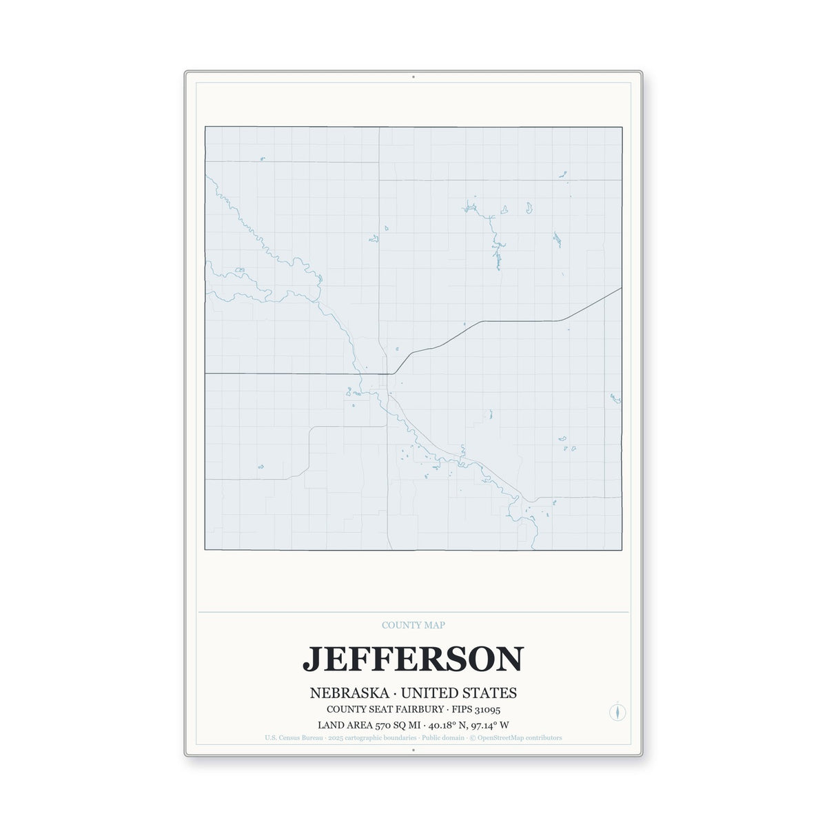 Jefferson County, Nebraska Map Aluminum Sign in Gallery Air style