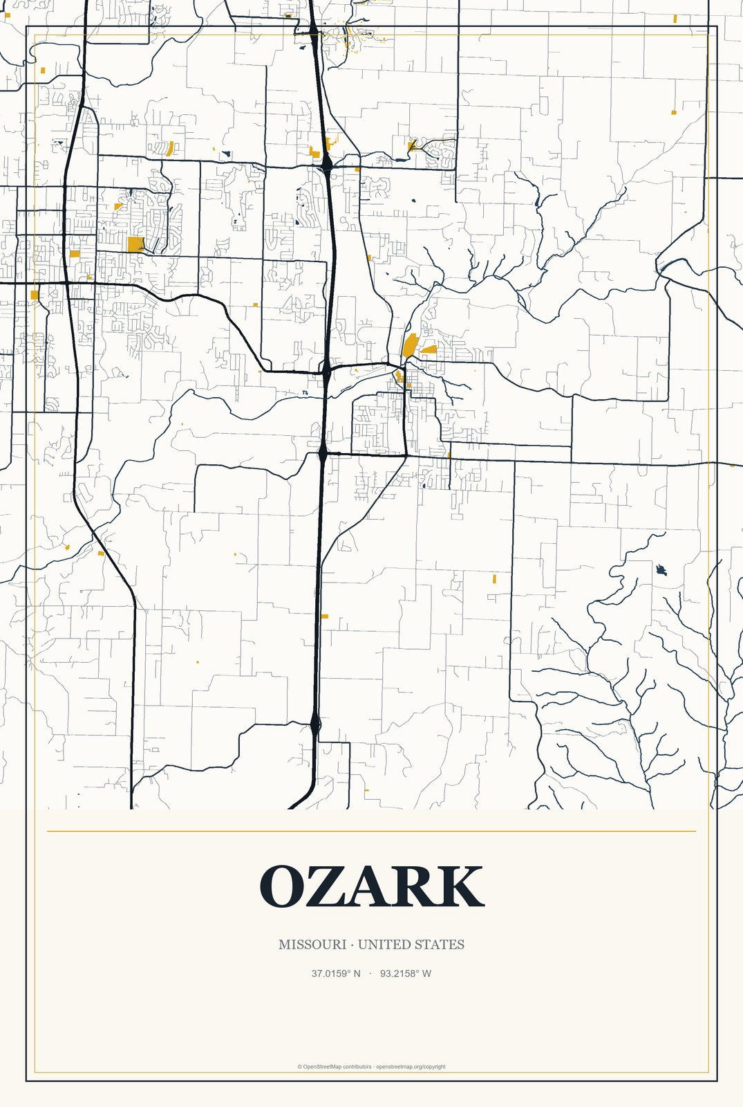 Ozark, Missouri City Map Aluminum Sign in Citrine Modern style