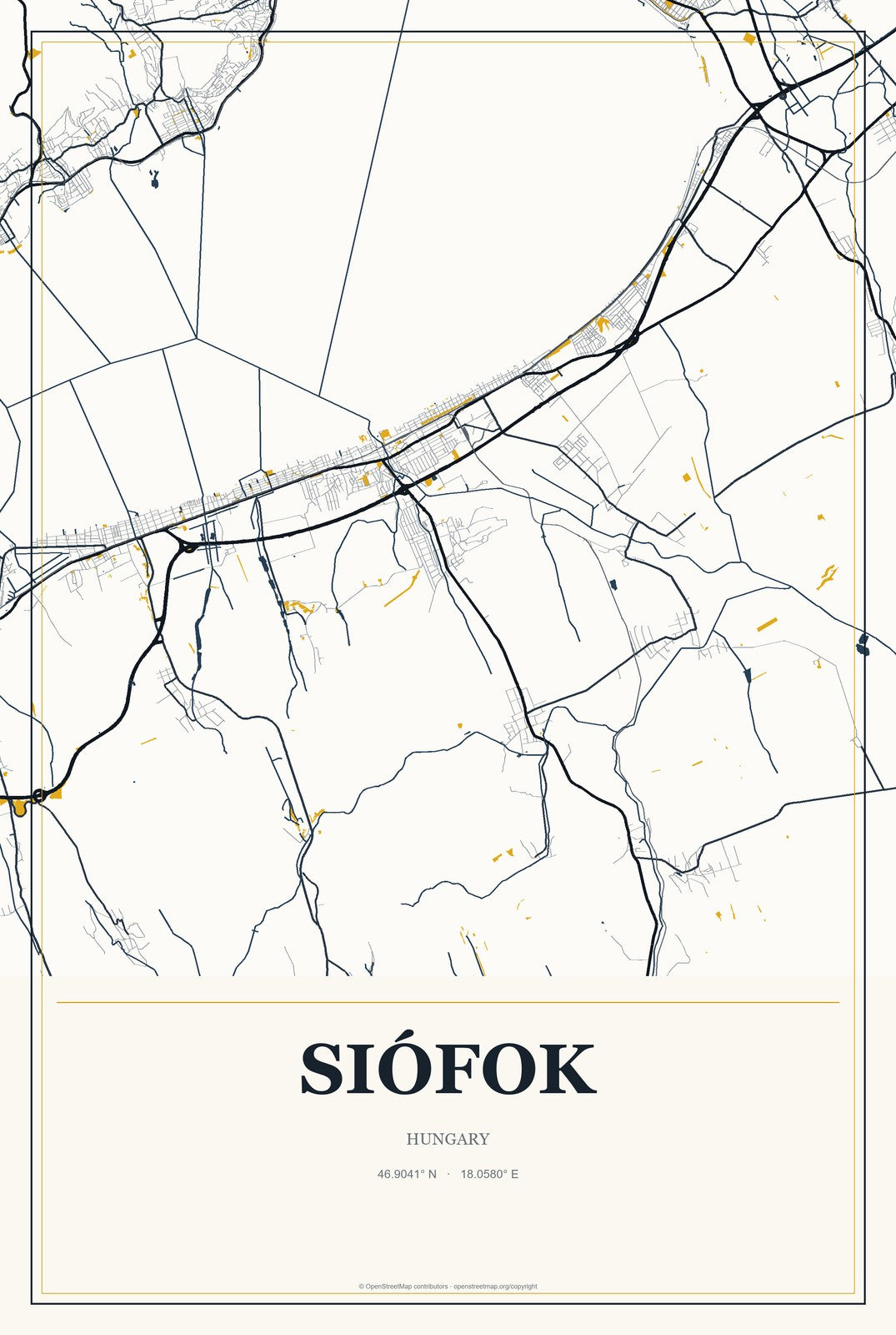 Siófok, Hungary City Map Aluminum Sign in Citrine Modern style