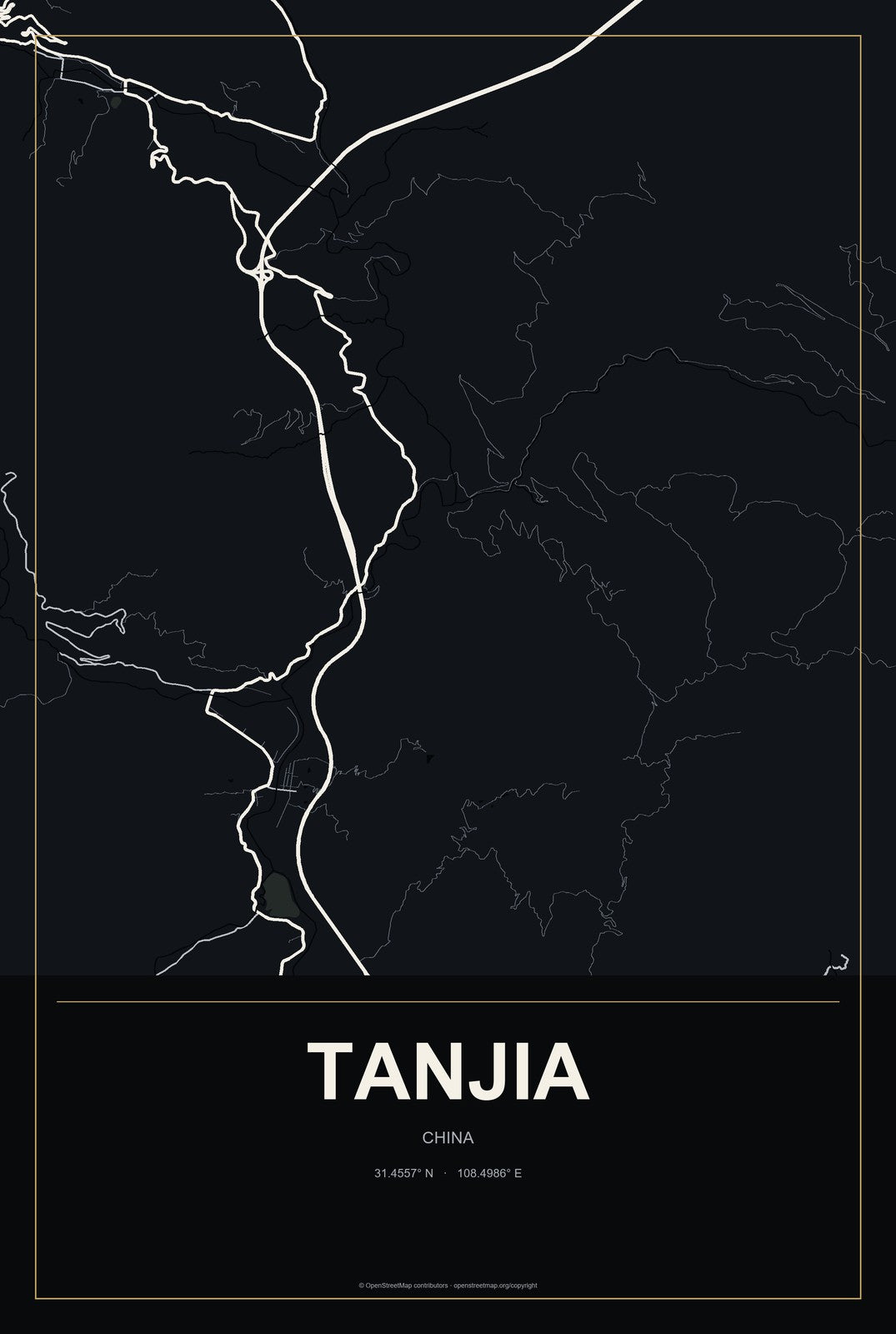 Tanjia, China City Map Aluminum Sign in Metropolitan Noir style