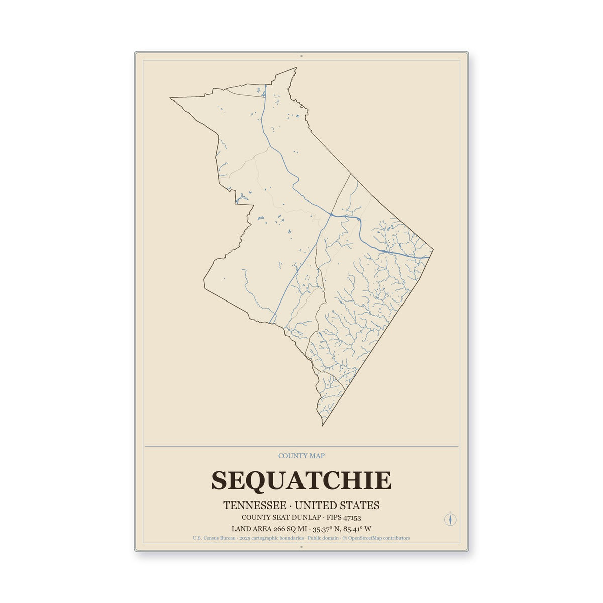 Sequatchie County, Tennessee Map Aluminum Sign in Heritage Nautical style