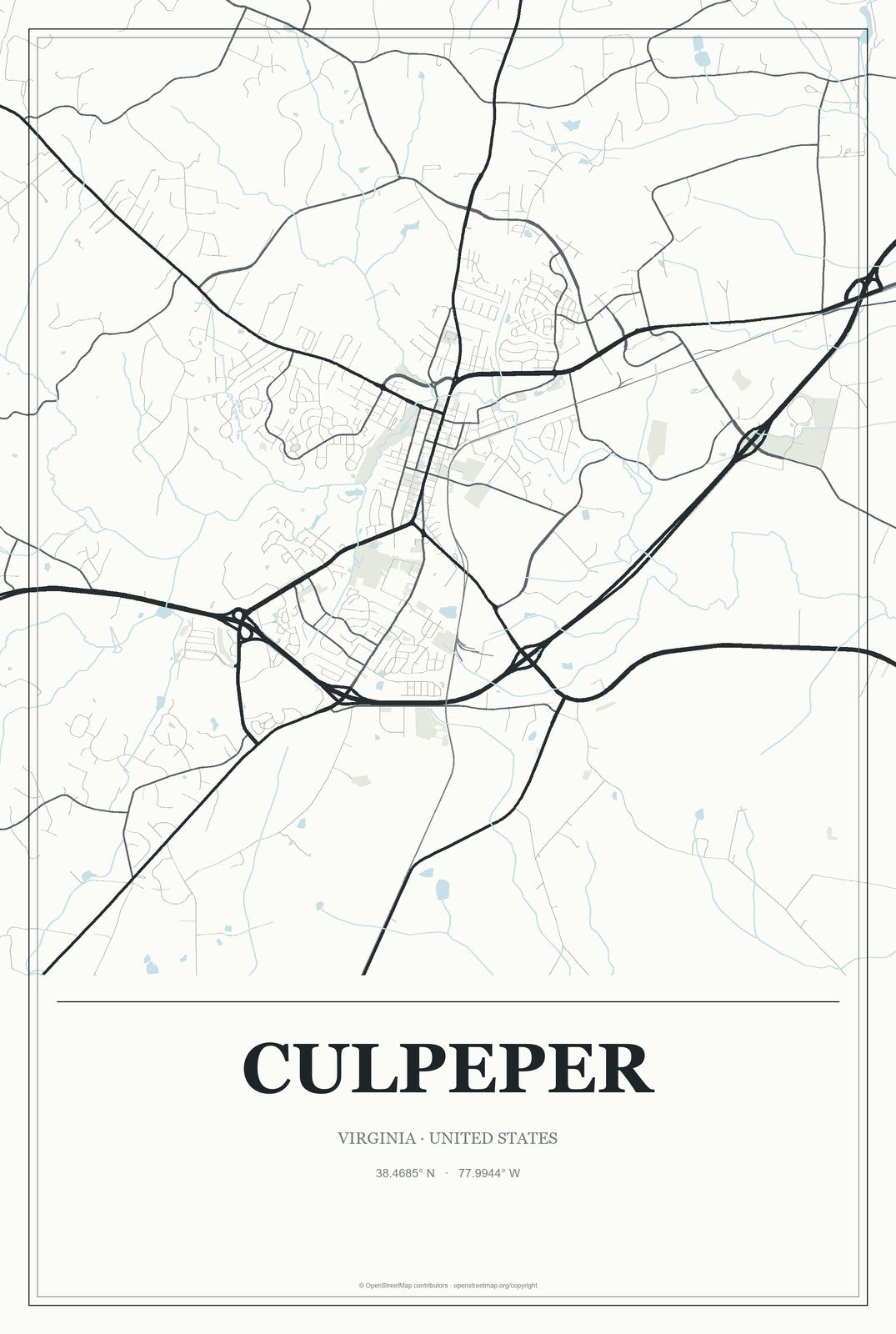 Culpeper, Virginia City Map Aluminum Sign in Gallery Air style