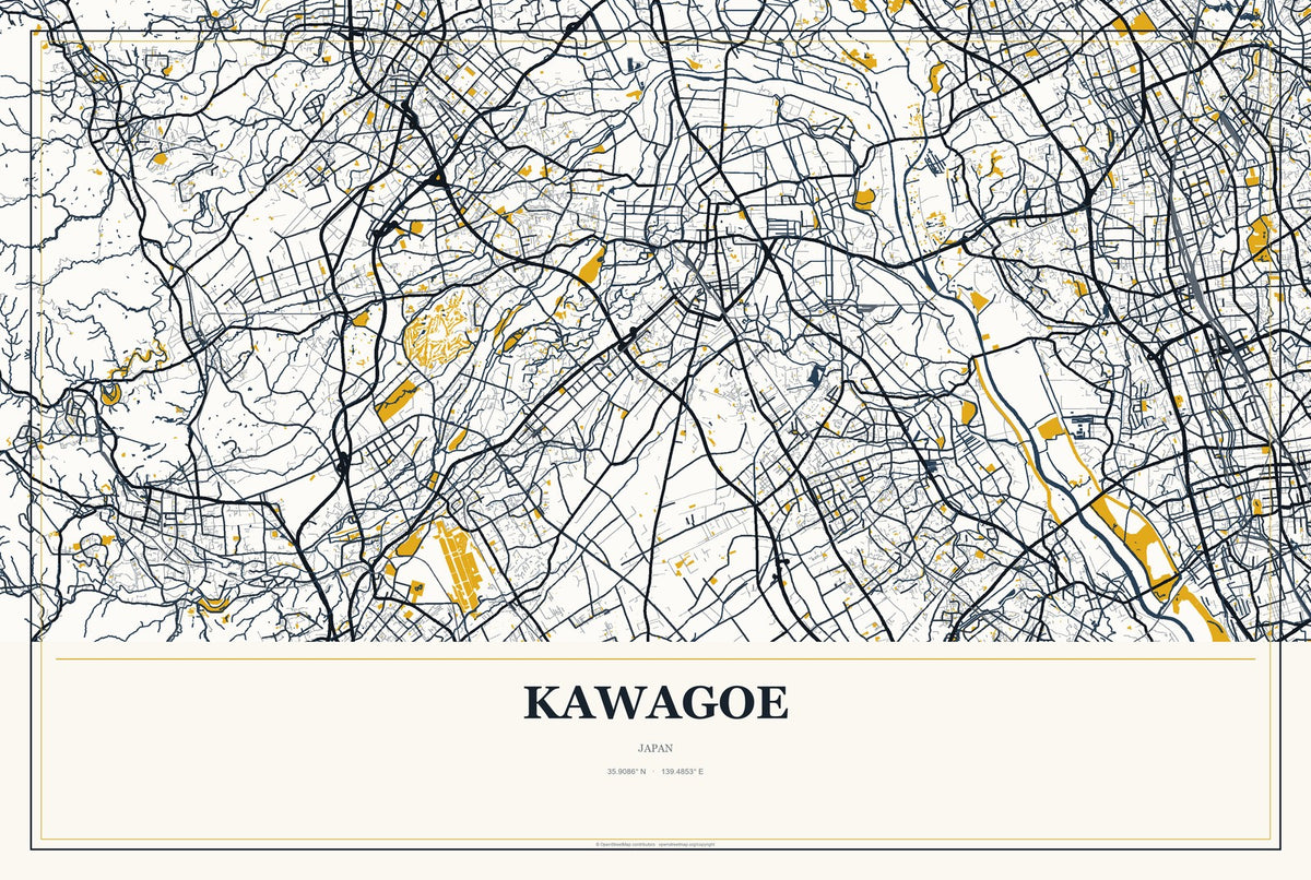 Kawagoe, Japan City Map Aluminum Sign in Citrine Modern style