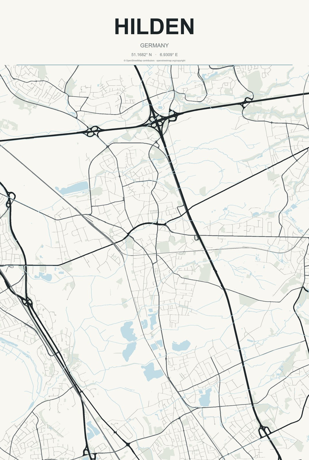 Hilden, Germany City Map Aluminum Sign in Headline Atlas style