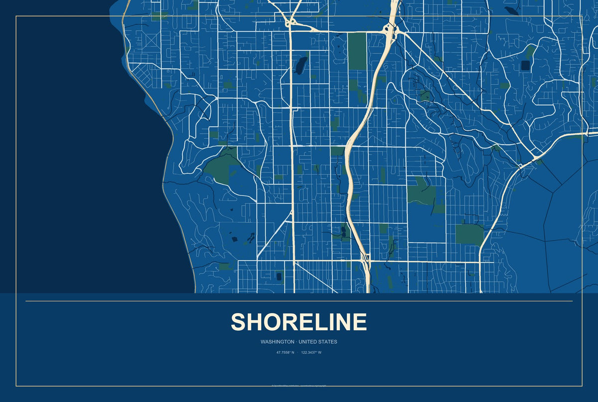 Shoreline, Washington City Map Aluminum Sign in Harbor Cobalt style