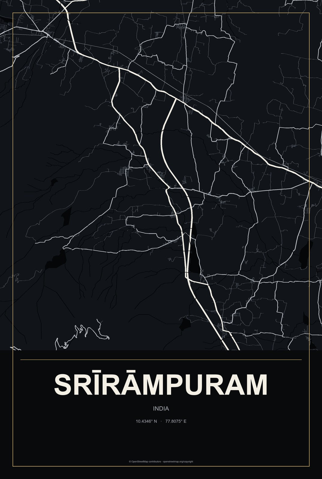 Srīrāmpuram, India City Map Aluminum Sign in Metropolitan Noir style
