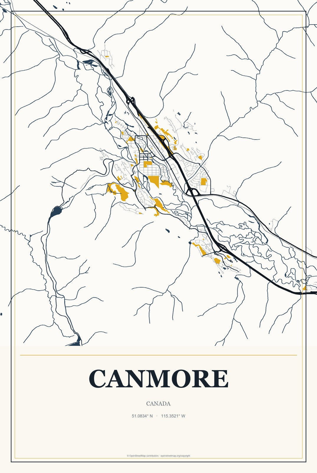 Canmore, Canada City Map Aluminum Sign in Citrine Modern style
