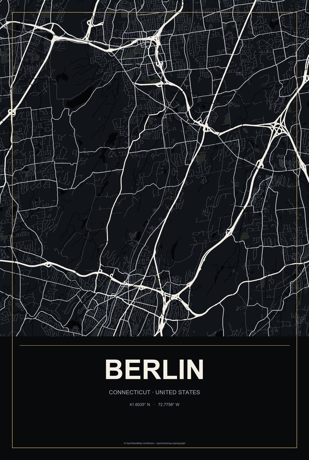 Berlin, Connecticut City Map Aluminum Sign in Metropolitan Noir style