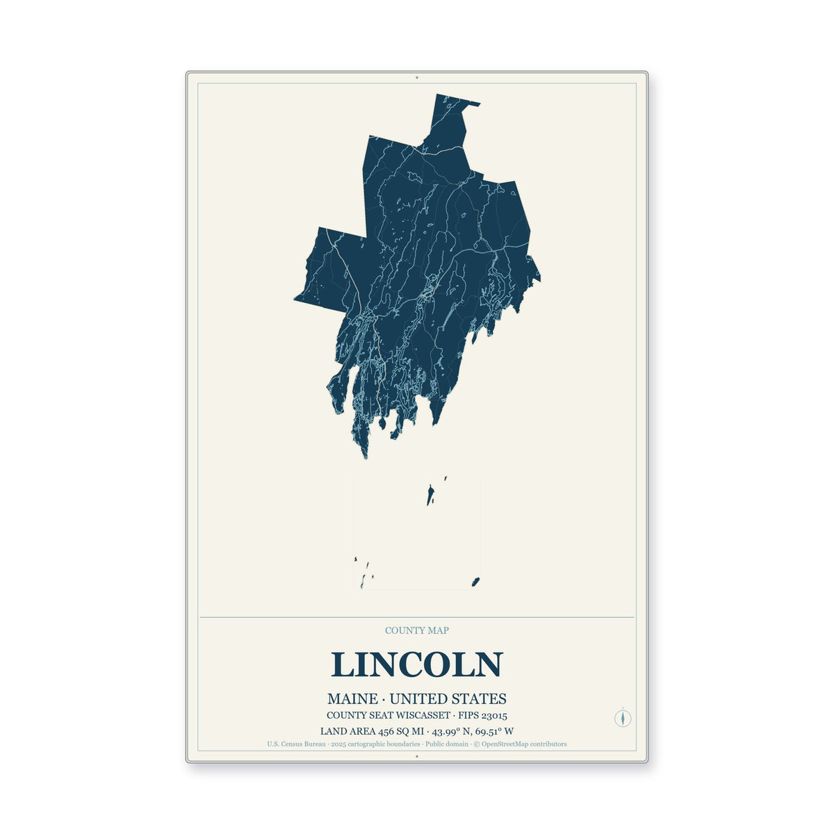 Lincoln County, Maine Map Aluminum Sign in Coastal Cutout style