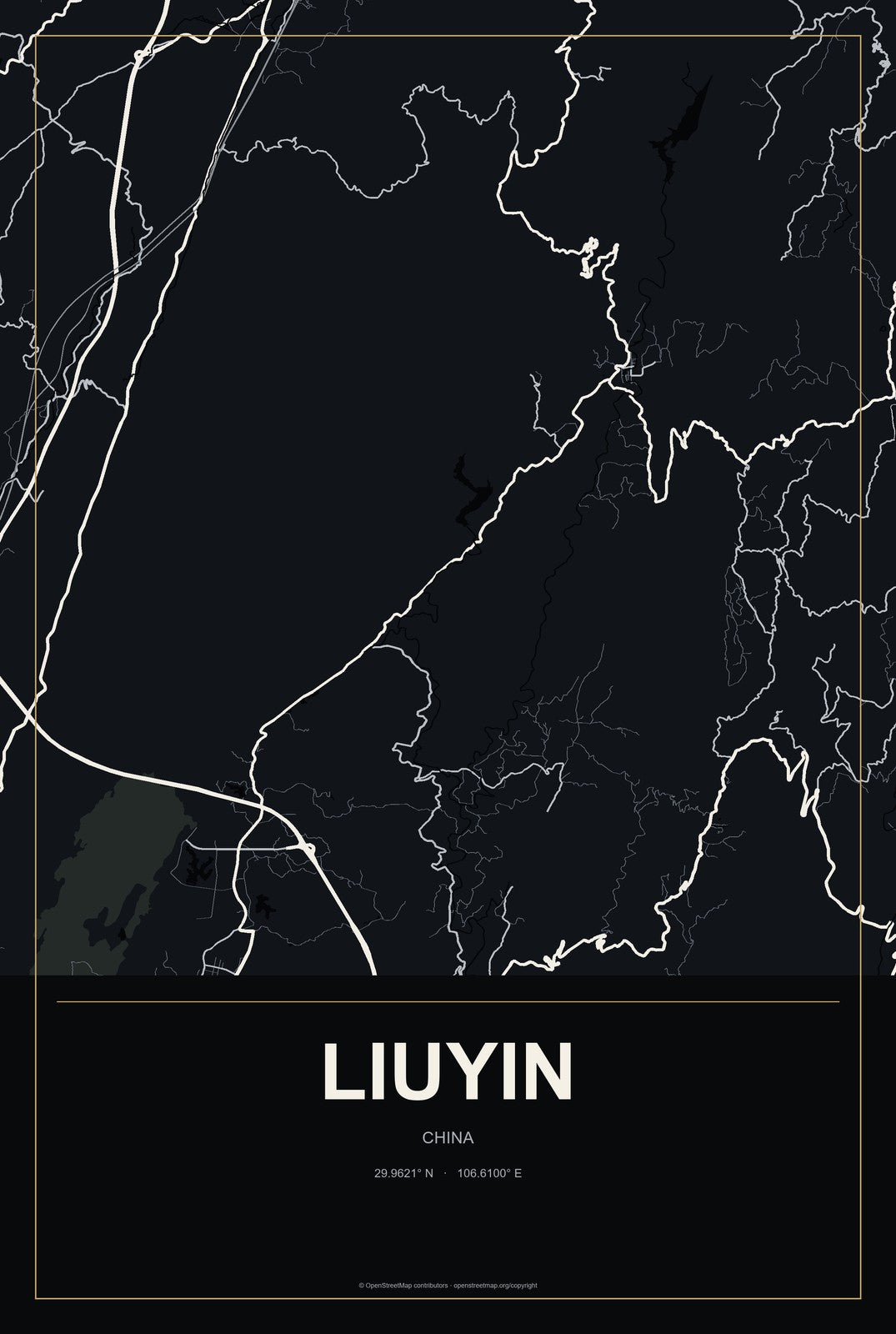 Liuyin, China City Map Aluminum Sign in Metropolitan Noir style