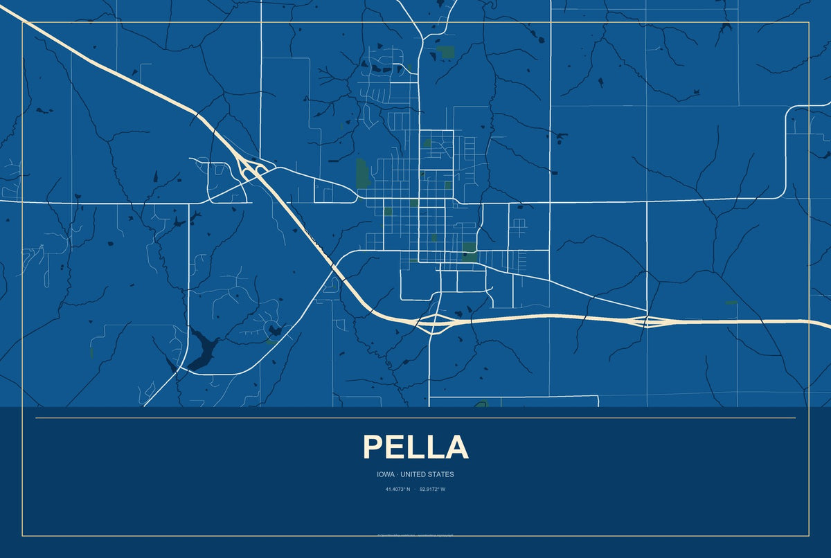 Pella, Iowa City Map Aluminum Sign in Harbor Cobalt style