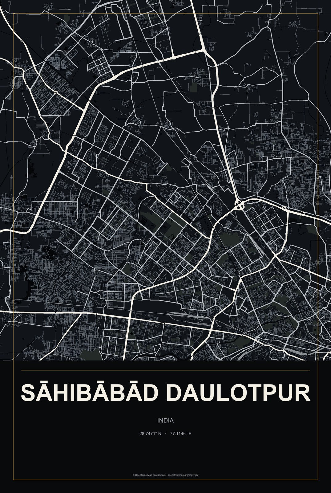 Sāhibābād Daulotpur, India City Map Aluminum Sign in Metropolitan Noir style