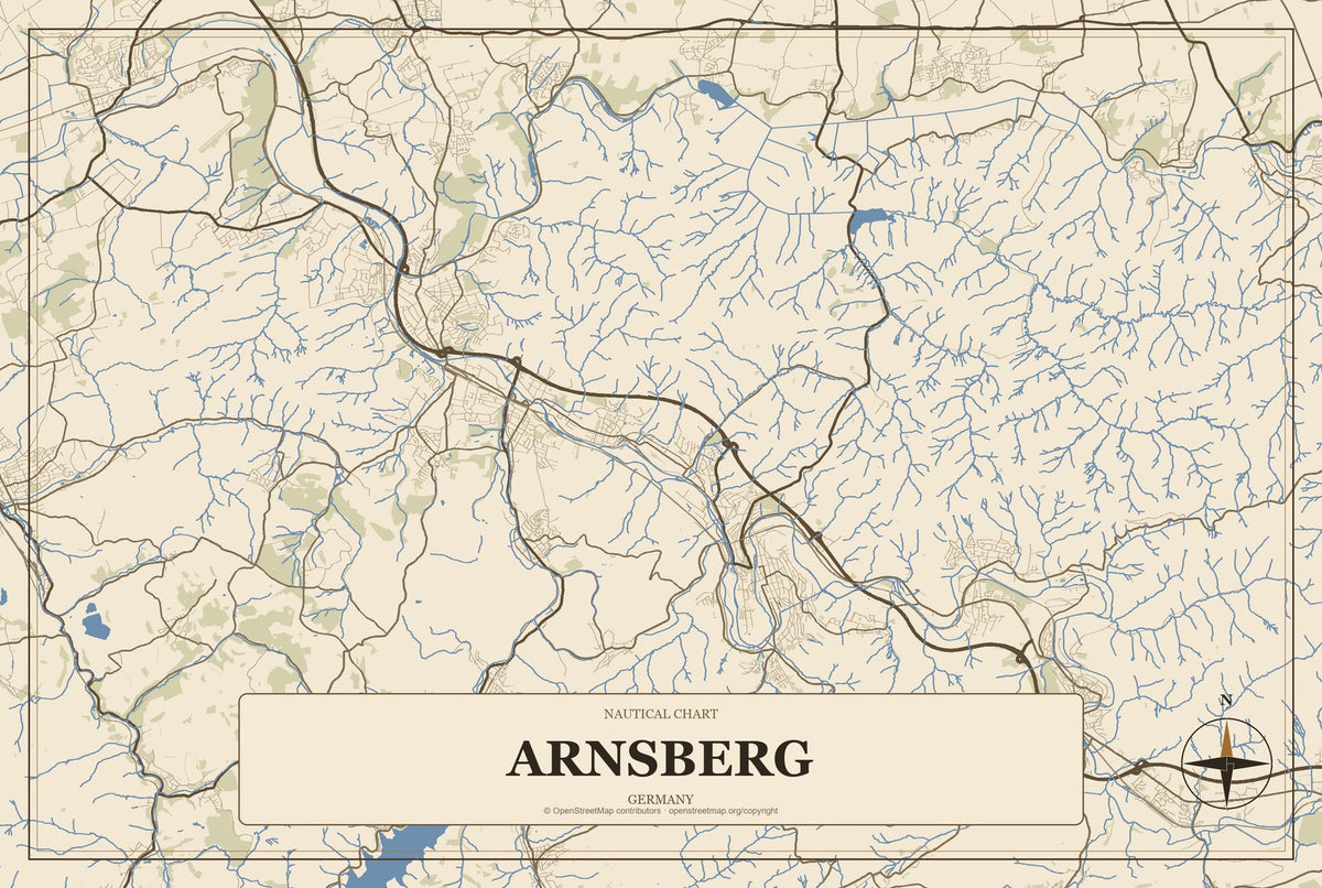 Arnsberg, Germany City Map Aluminum Sign in Heritage Nautical style