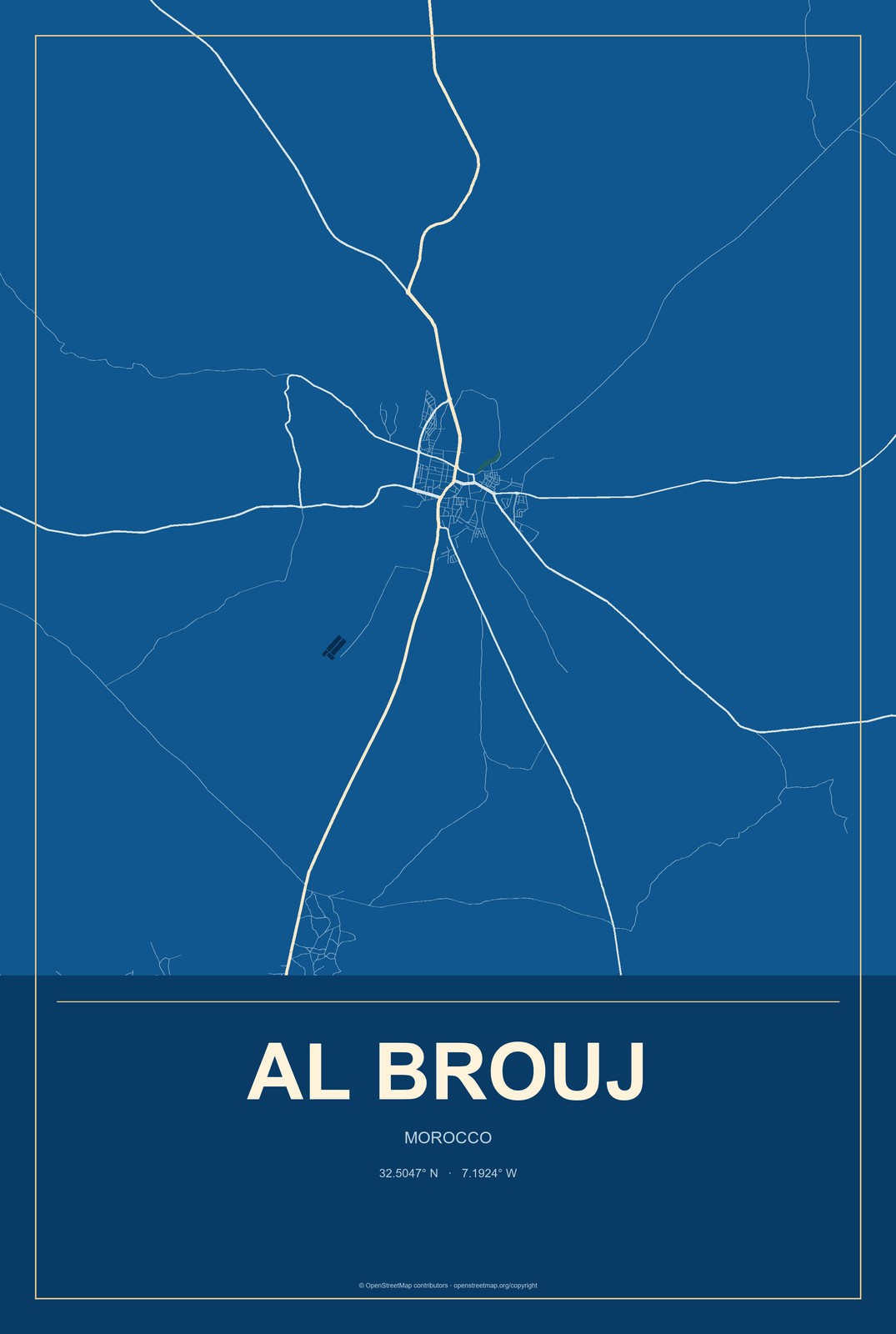 Al Brouj, Morocco City Map Aluminum Sign in Harbor Cobalt style