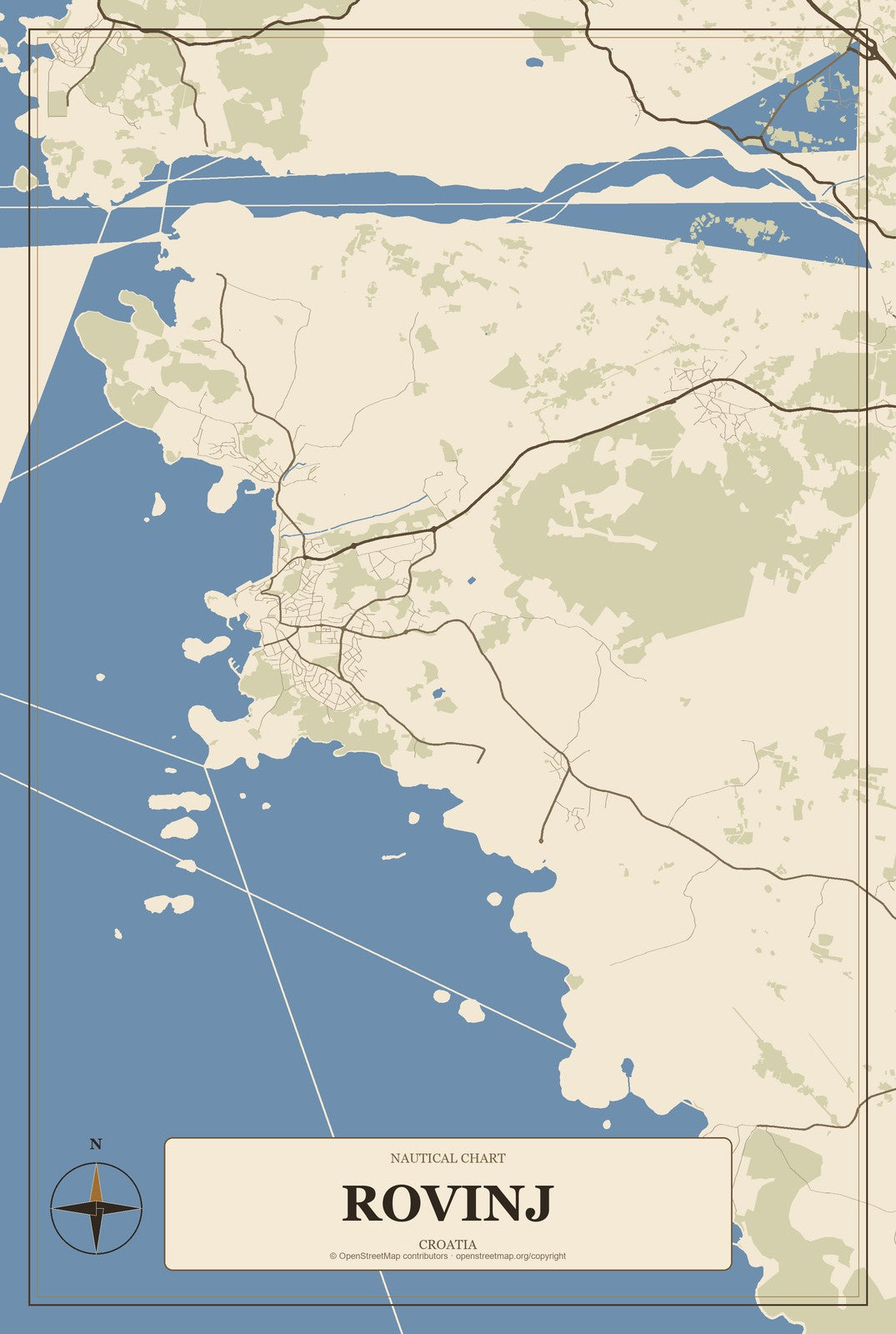 Rovinj, Croatia City Map Aluminum Sign in Heritage Nautical style