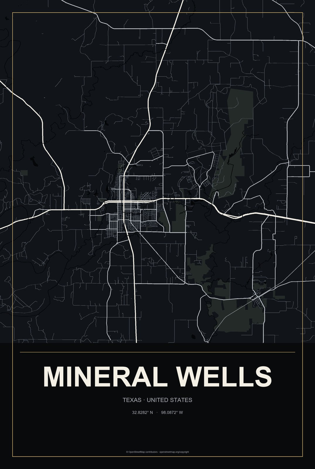 Mineral Wells, Texas City Map Aluminum Sign in Metropolitan Noir style