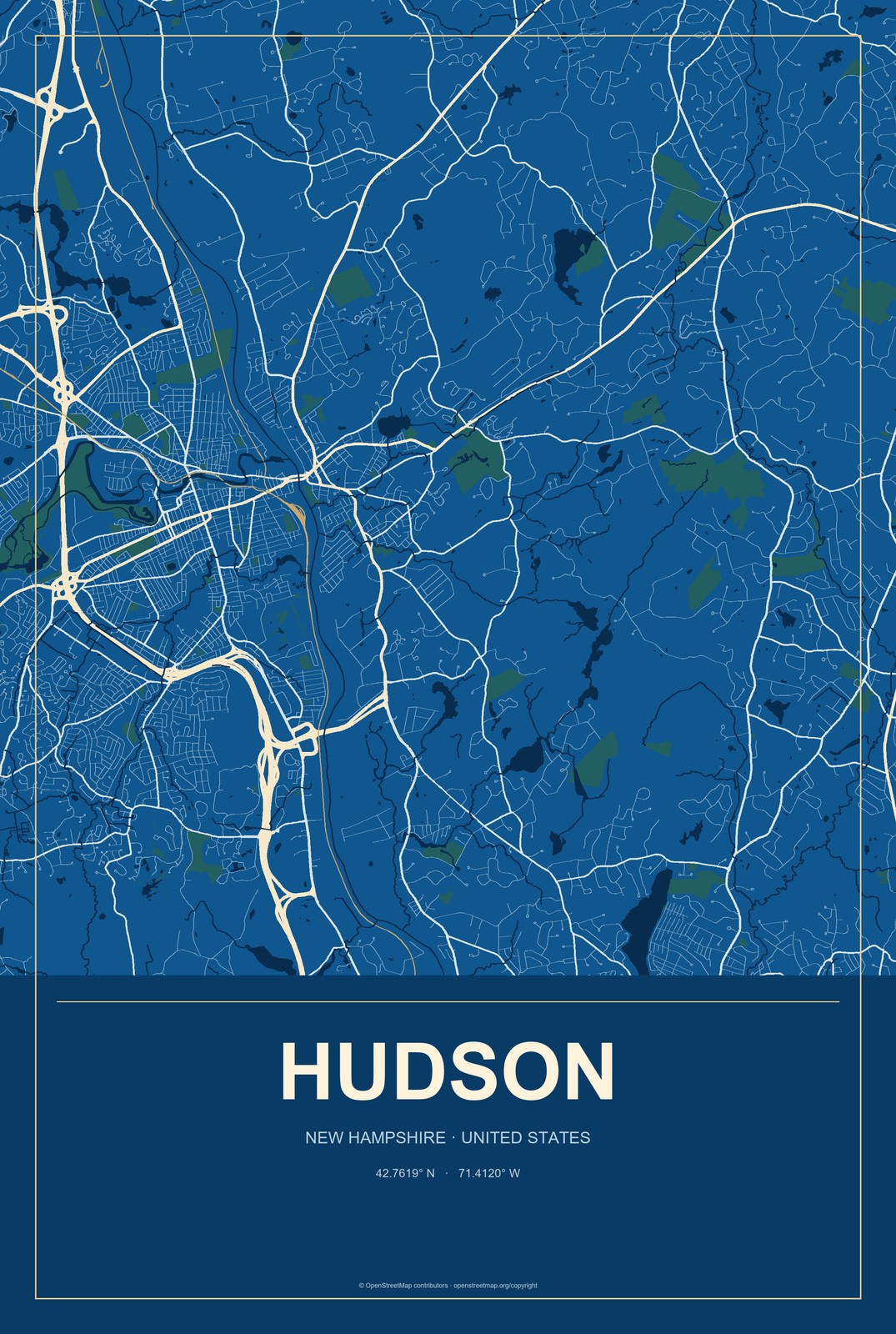 Hudson, New Hampshire City Map Aluminum Sign in Harbor Cobalt style