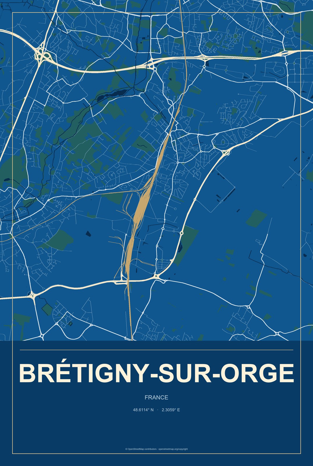 Brétigny-sur-Orge, France City Map Aluminum Sign in Harbor Cobalt style