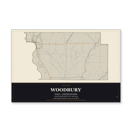 Woodbury County, Iowa Map Aluminum Sign in Museum Plaque style