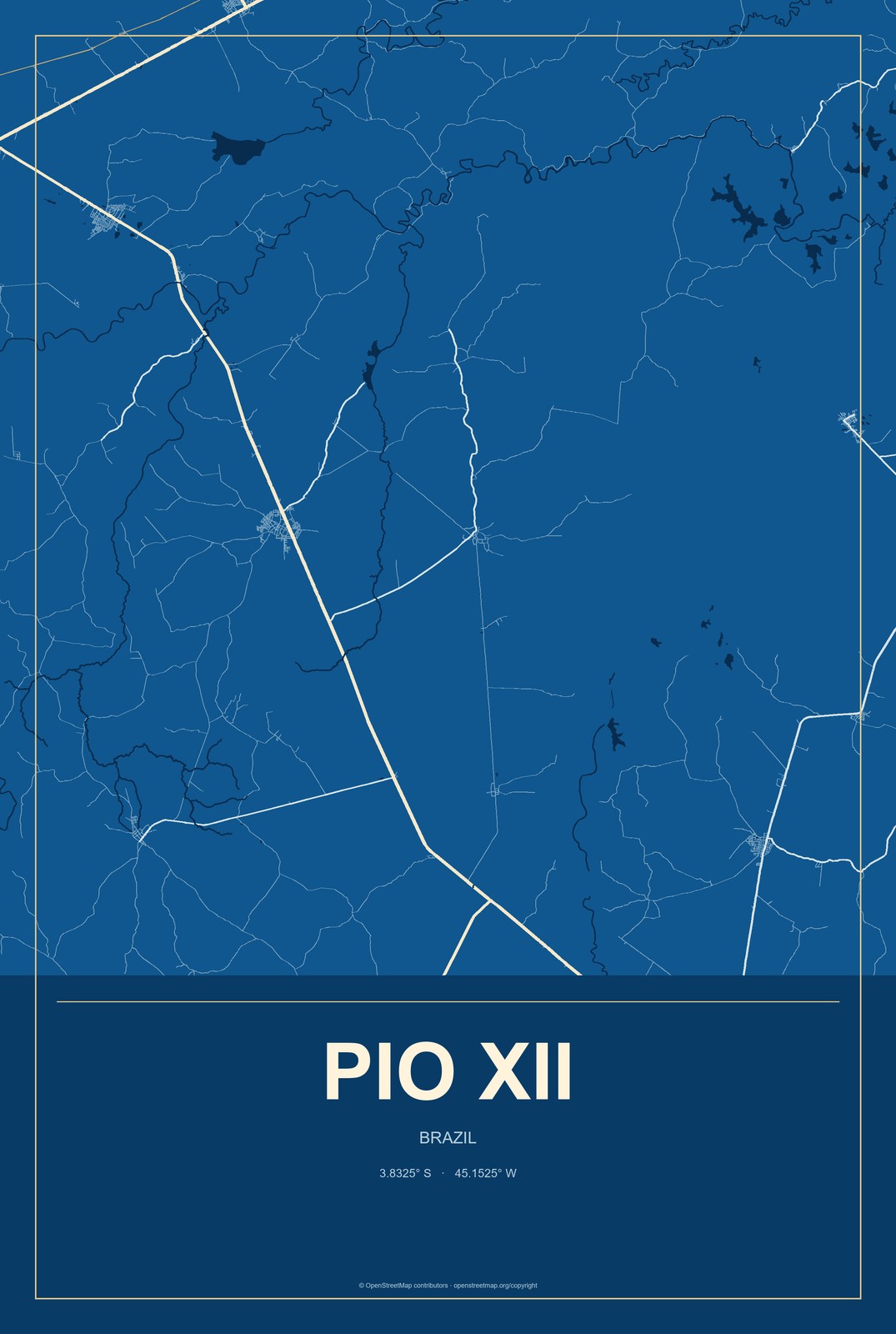 Pio XII, Brazil City Map Aluminum Sign in Harbor Cobalt style