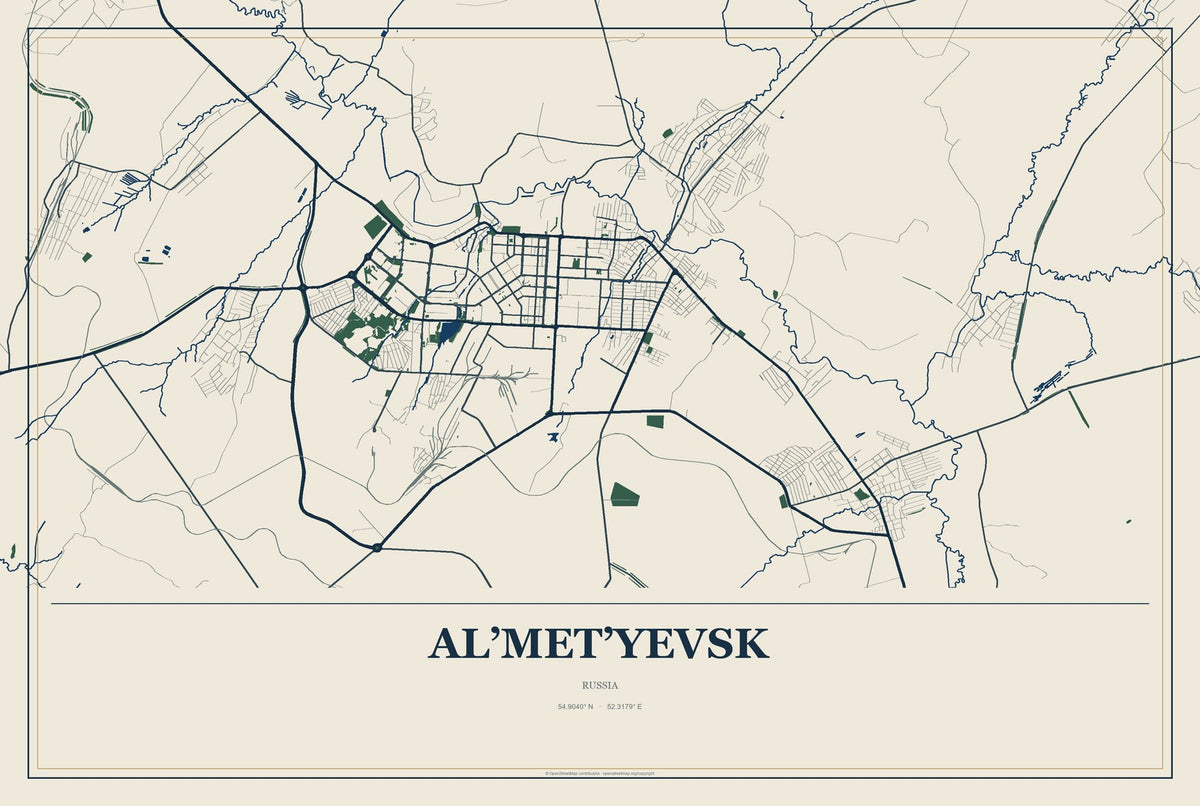 Al’met’yevsk, Russia City Map Aluminum Sign in Coastal Cutout style