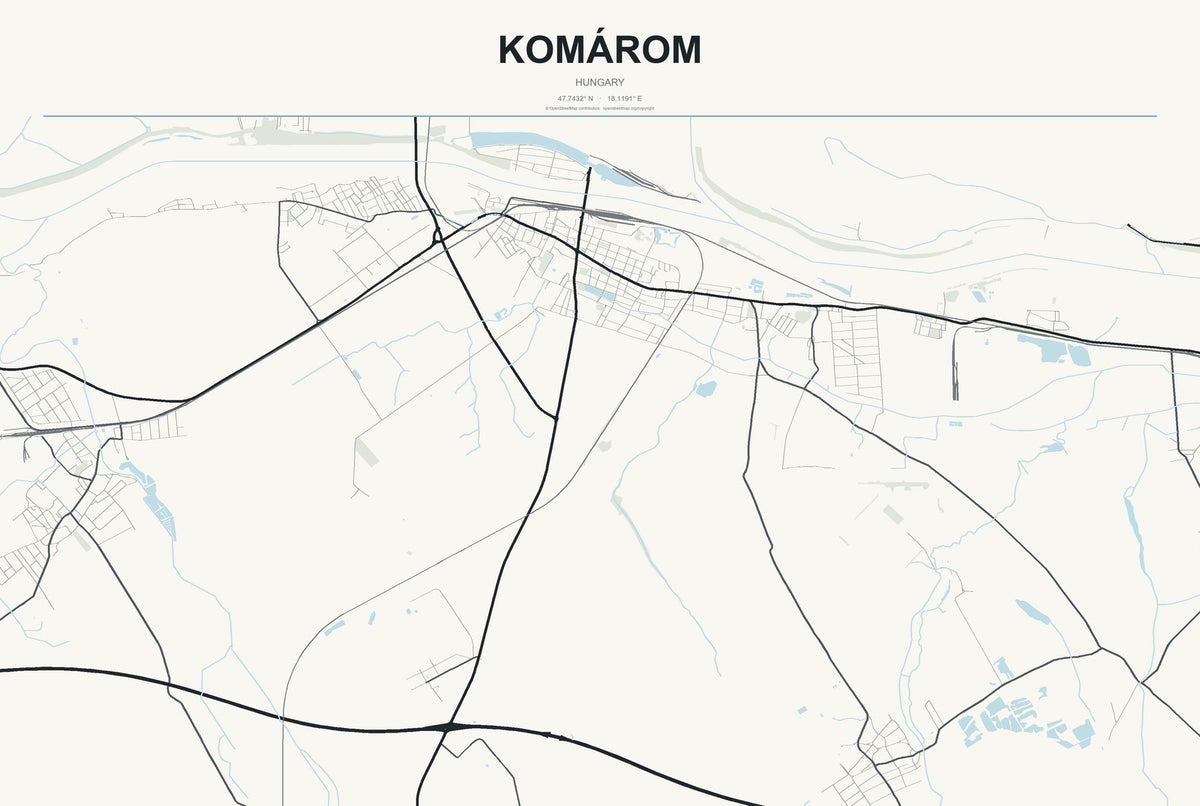 Komárom, Hungary City Map Aluminum Sign in Headline Atlas style